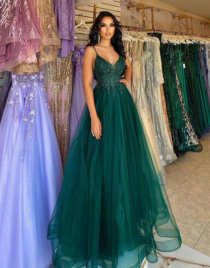 A-Line Tulle Long Prom Dress With Appliques