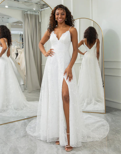 A Line V-Neck Lace Appliqued Wedding Dress