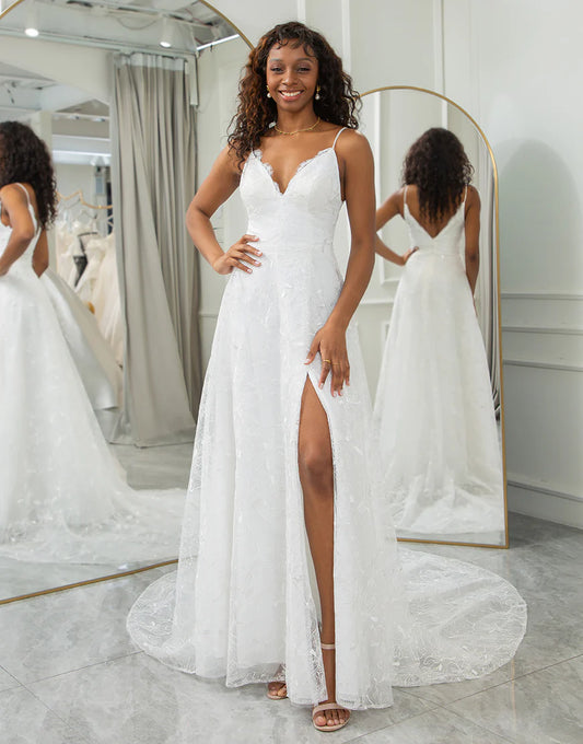 A Line V-Neck Lace Appliqued Wedding Dress