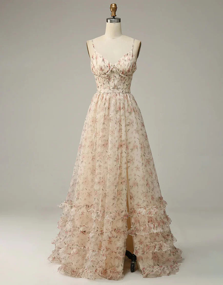 Apricot A Line Print Prom Dress with Slit