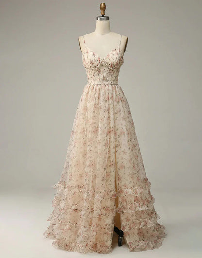 Apricot A Line Print Prom Dress with Slit