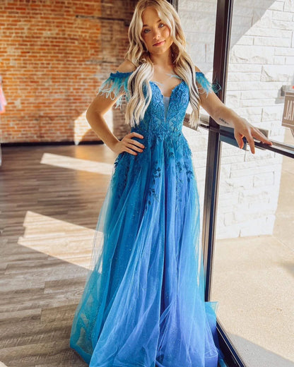 A-line Off The Shoulder Appliqué Long Prom Dress With Feather