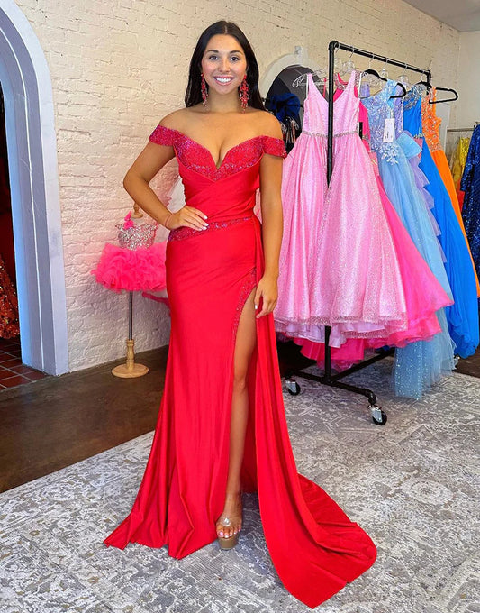 Mermaid Sequined Off The Shoulder Long Prom Dress With Slit