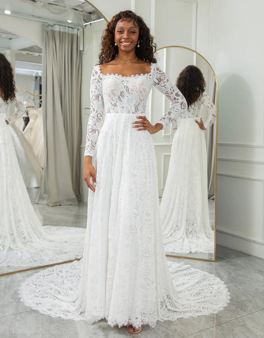 Square Neck Boho Chiffon Wedding Dress With Lace