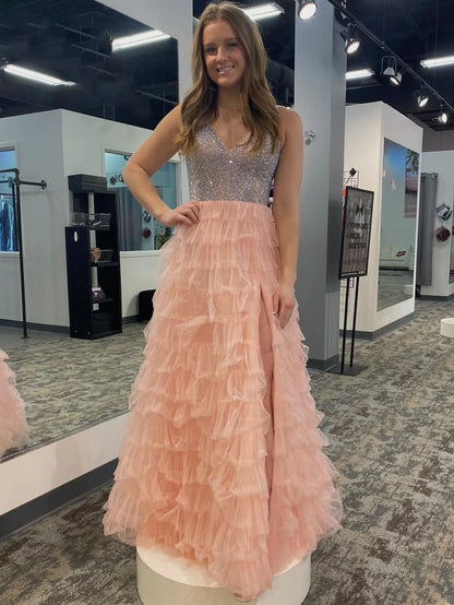 V Neck A Line Long Prom Dress With Beading
