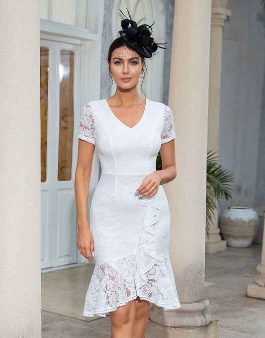 Sheath V Neck White Lace Dress