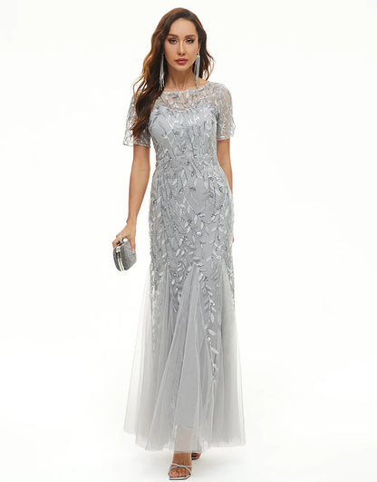 Leaves Sequins Mother Dress with Short Sleeves