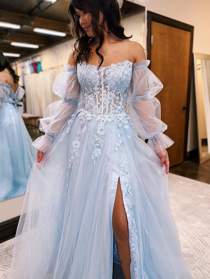 Tulle Long Sleeves Long Prom Dress With Appliques