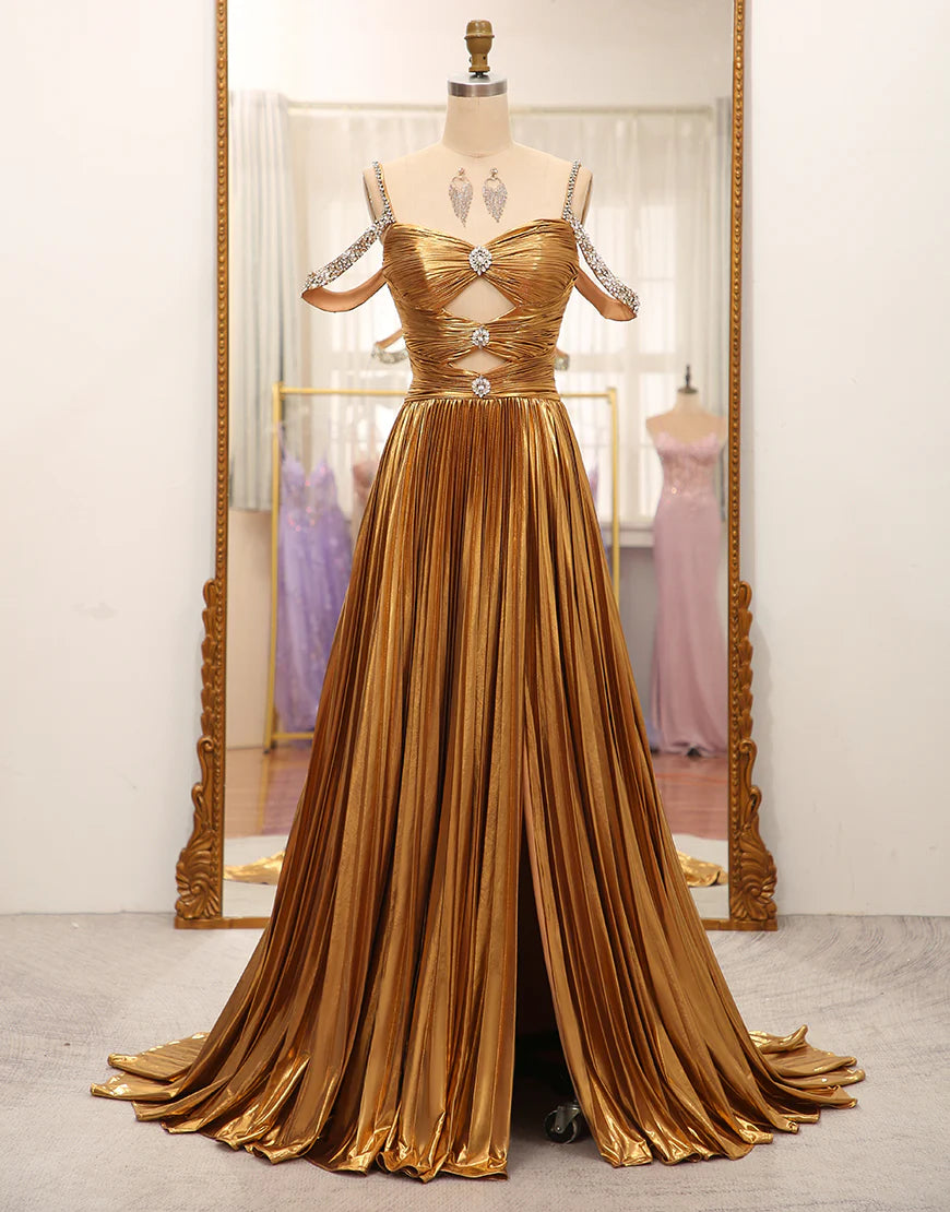 Stunning A Line Off the Shoulder Gold Long Prom Dress with Keyhole