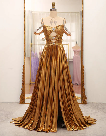 Stunning A Line Off the Shoulder Gold Long Prom Dress with Keyhole
