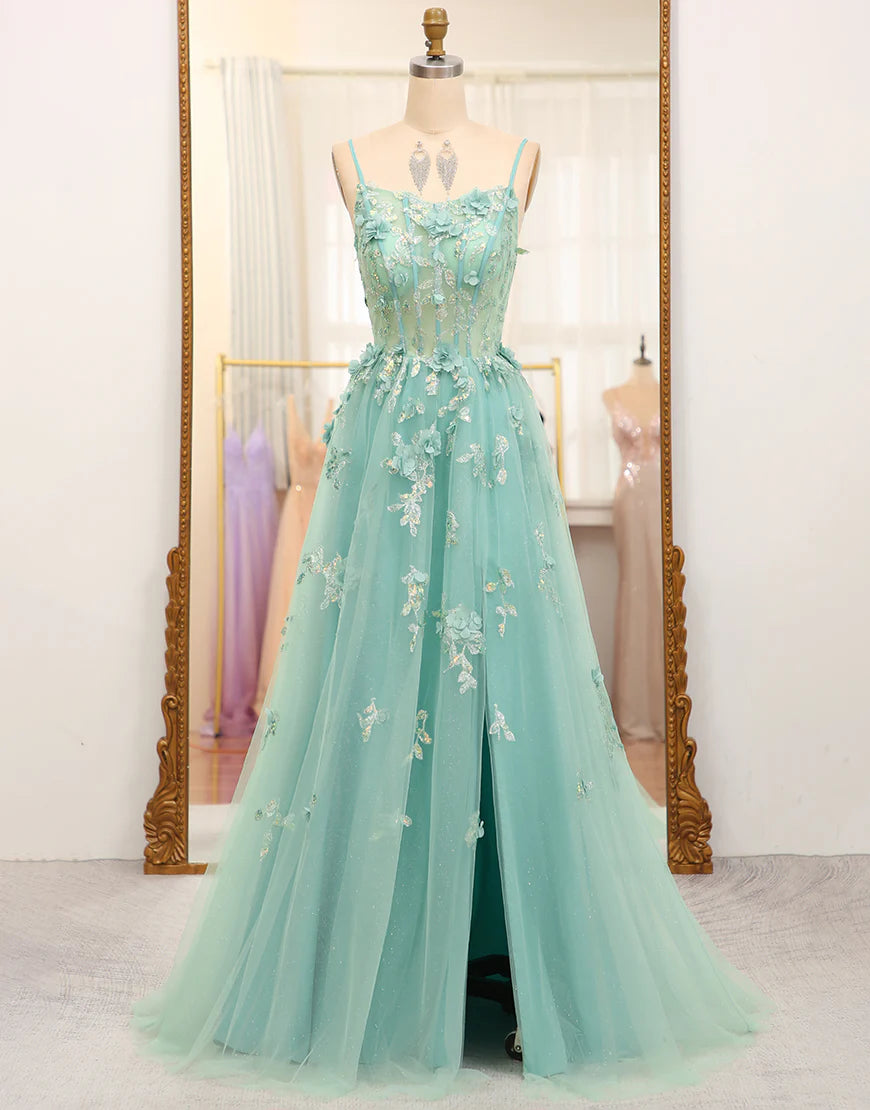 A Line Tulle Appliqued Long Prom Dress With Slit