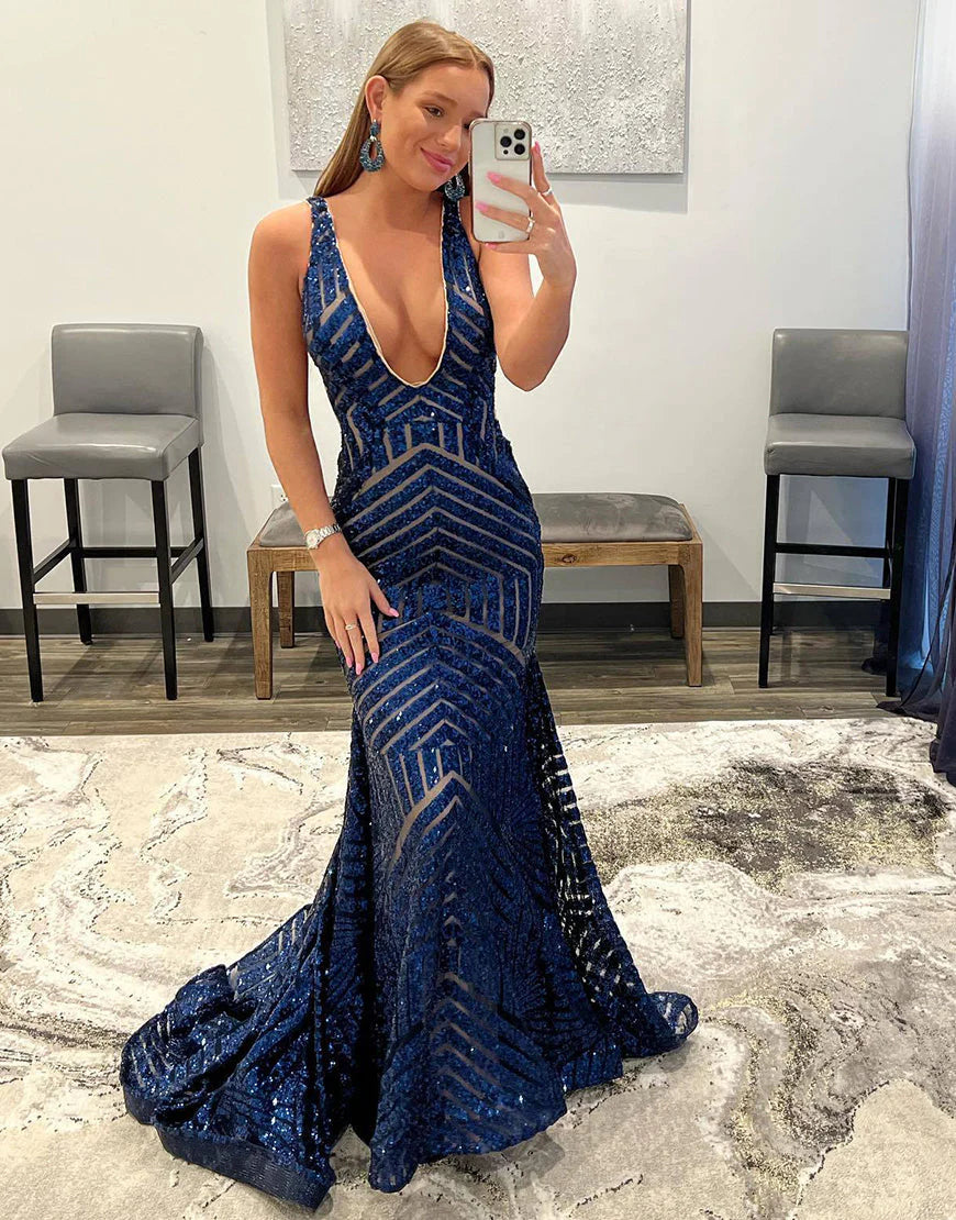 Elegant V-neck Sequin Mermaid Long Prom Dress