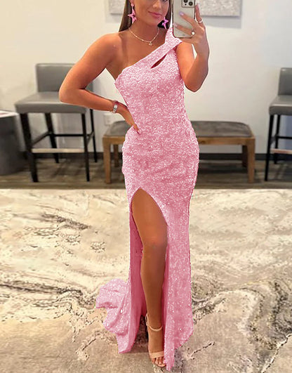 Mermaid One Shoulder Sequins Prom Dress With Slit