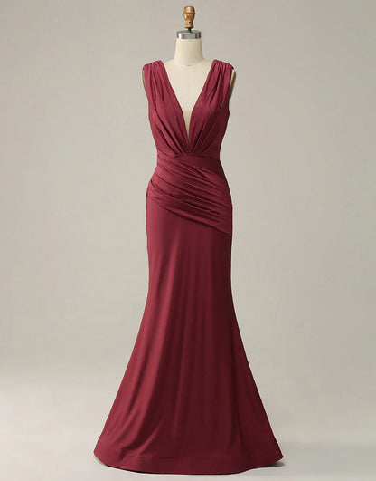 Mermaid Deep V Neck Burgundy Sleeveless Long Prom Dress