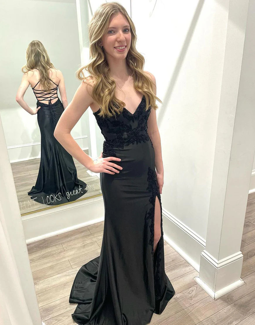 Mermaid V-Neck Lace-Up Long Prom Dress With Slit