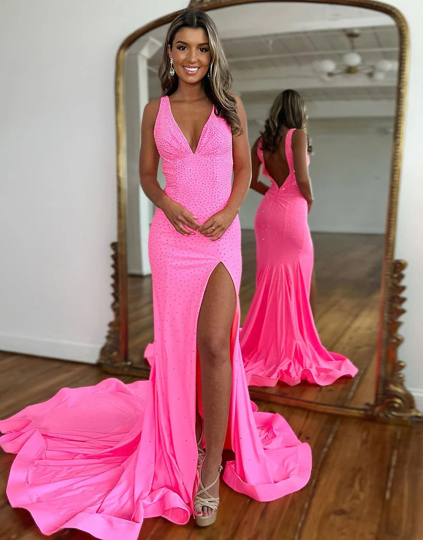 Sparkly Fuchsia Beaded Mermaid Long Prom Dress With Slit