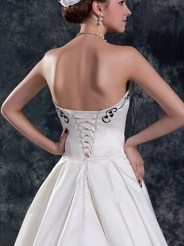 A-Line Wedding Dresses Strapless Court Train Organza Satin Strapless with Embroidery