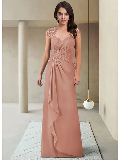 Mother of the Bride Dress Elegant V Neck Floor Length Chiffon Short Sleeve with Ruffles Ruching