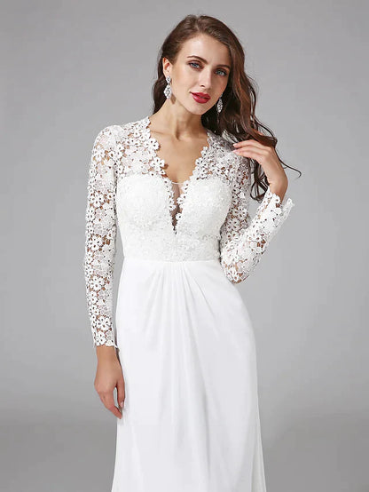 Wedding Dresses V NeckChiffon Floral Lace Long Sleeve Romantic Boho Illusion Sleeve with Lace Button