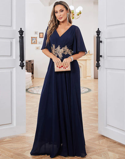 A-line Chiffon V-neck Short Sleeve Mother of Bride Dress