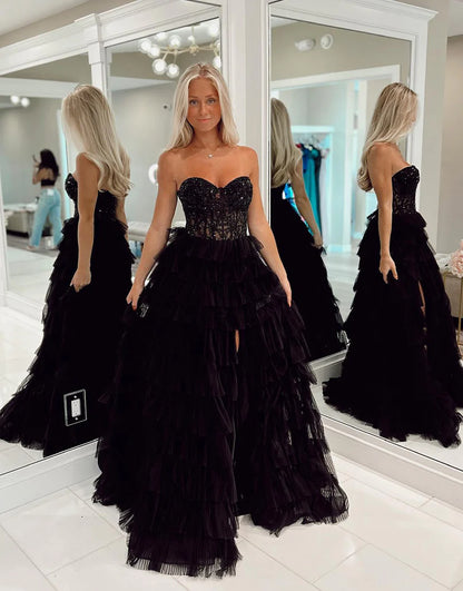 Tulle Strapless Long Prom Dress With Applique