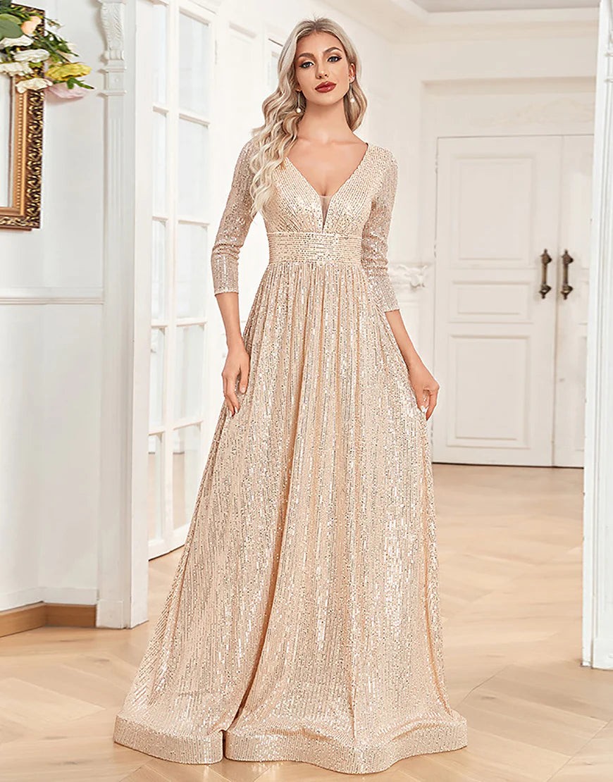 A-Line Glitter Long Mother of the Bride Dress with 3/4 Sleeves