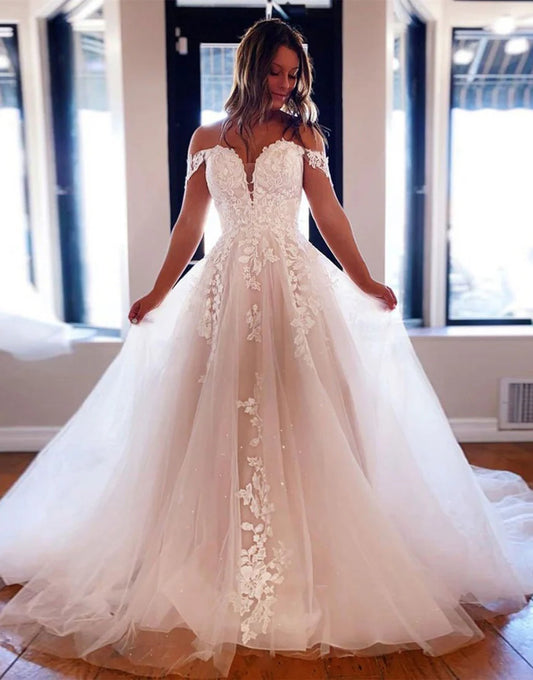 Off the Shoulder A Line Long Bridal Dress With Appliques