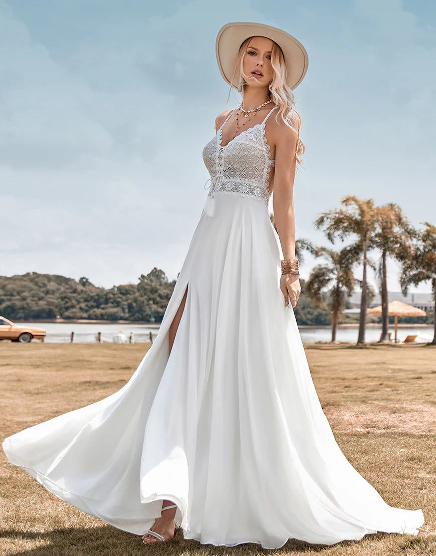 Lace Backless Spaghetti Straps Boho Wedding Dress with with Slit