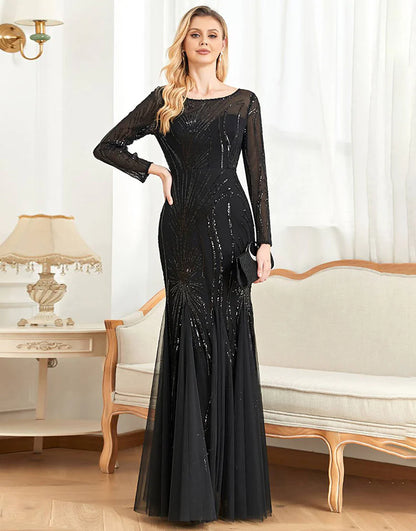 Mermaid Sequins Boat Neck Black Mother of the Bride Dress with Long Sleeves