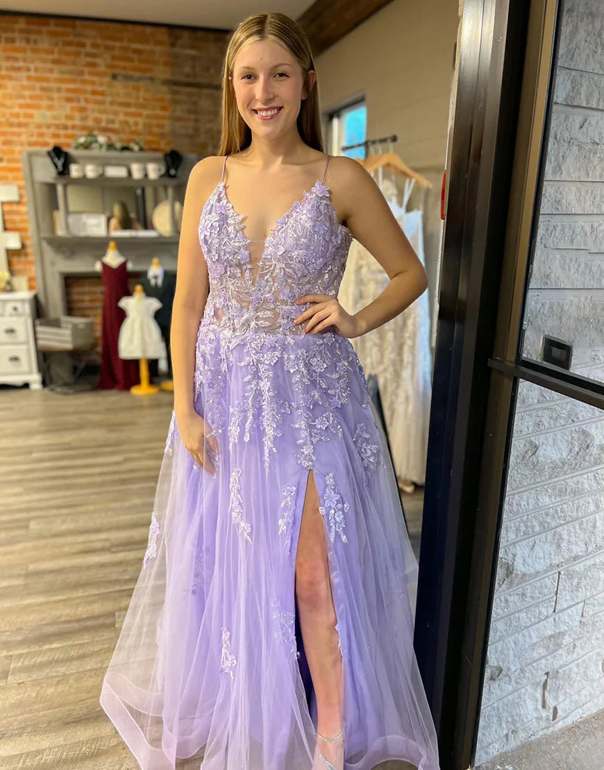 A-Line Tulle Appliques Long Prom Dress With Slit