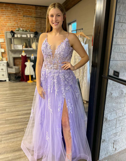 A-Line Tulle Appliques Long Prom Dress With Slit