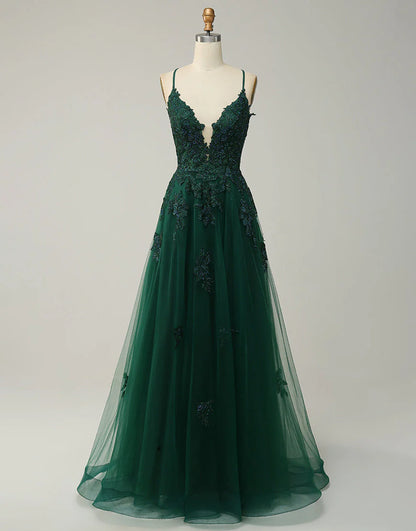 A-Line Tulle Appliques Long Prom Dress With Slit
