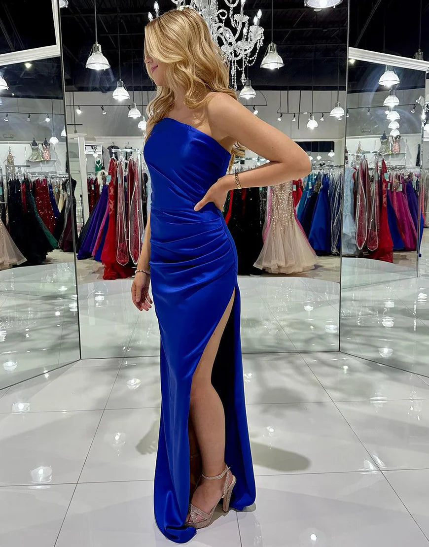 Mermaid Strapless Ruched Long Prom Dress With Slit