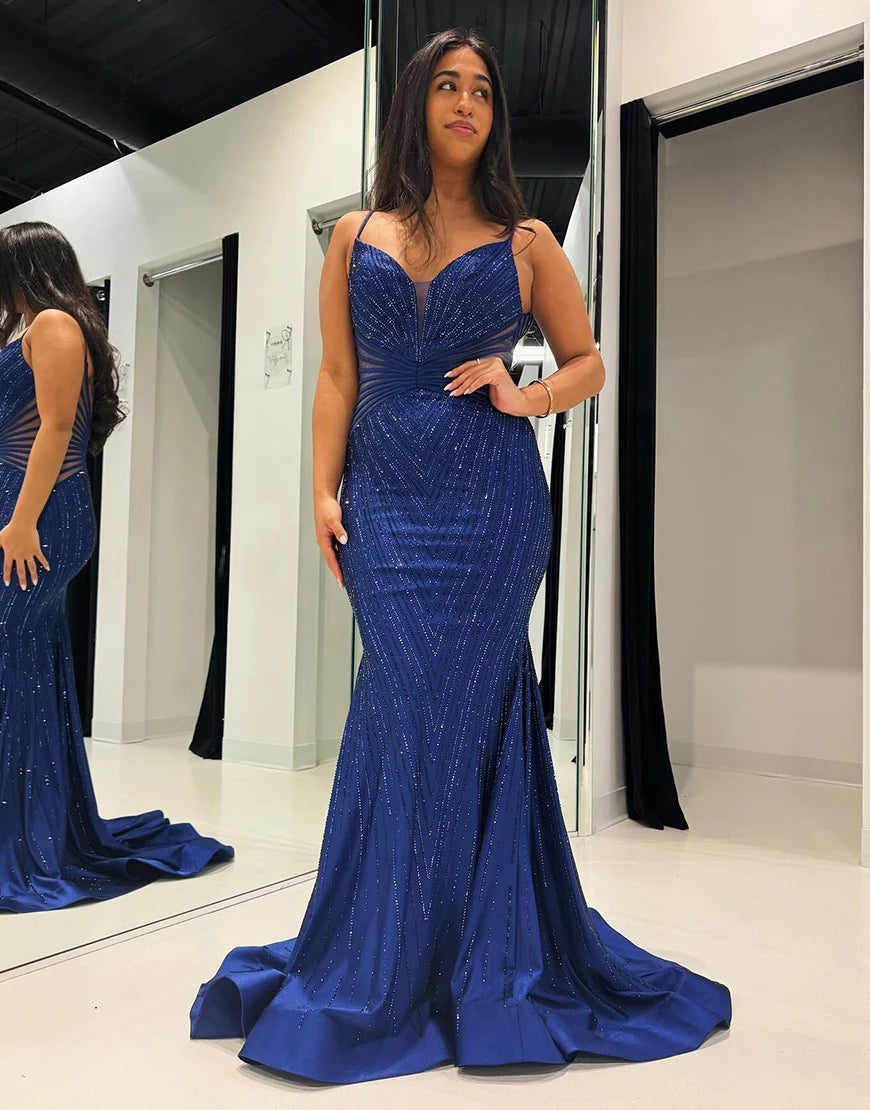Sparkly Mermaid Spaghetti Straps Royal Blue Long Prom Dress