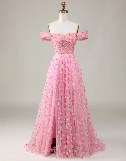 A-line Off The Shoulder Pink Long Bridesmaid Dress with 3D Flowers