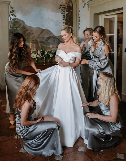Satin A-Line Off-the-Shoulder Mopping The Floor Wedding Dress