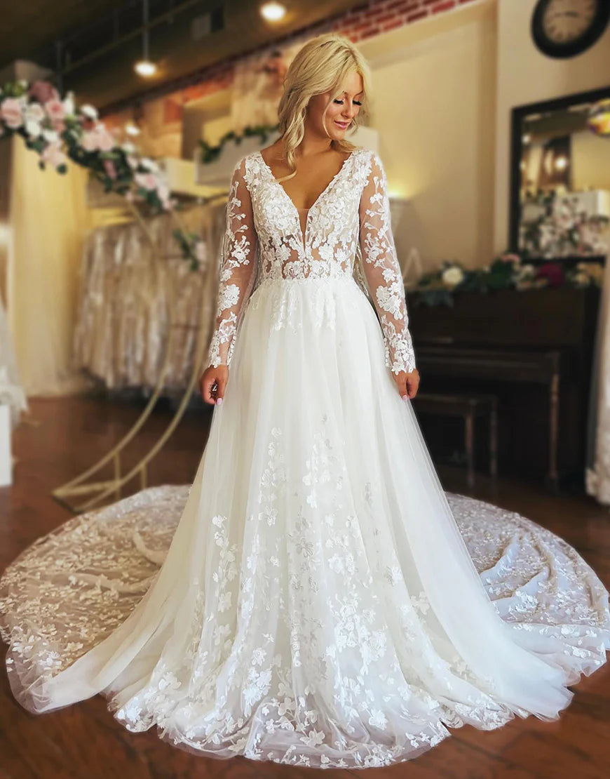 A Line V Neck Long Sleeve Tulle Lace Wedding Dress
