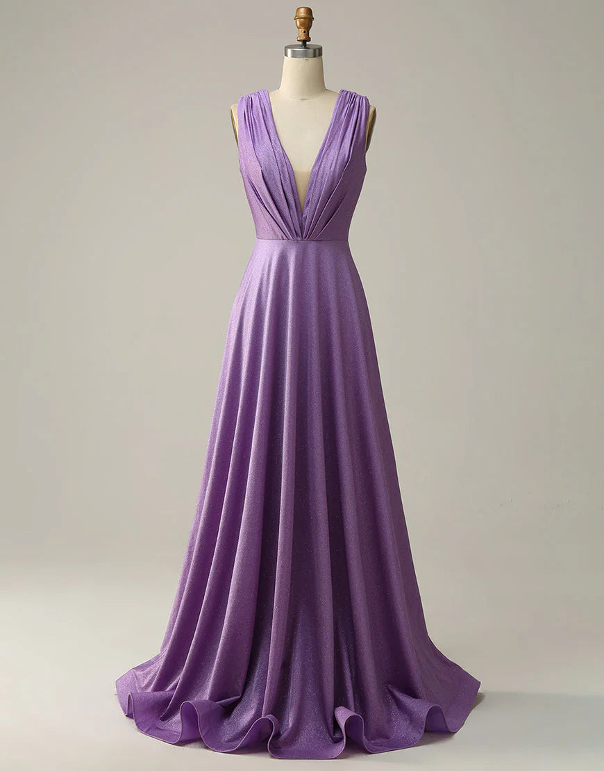 A Line Deep V Neck Purple Sleeveless Long Prom Dress