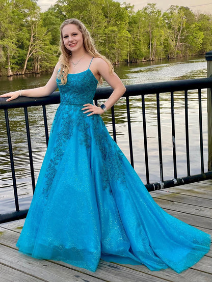 Spaghetti Straps Blue Sparkly Long Prom Dress With Appliques