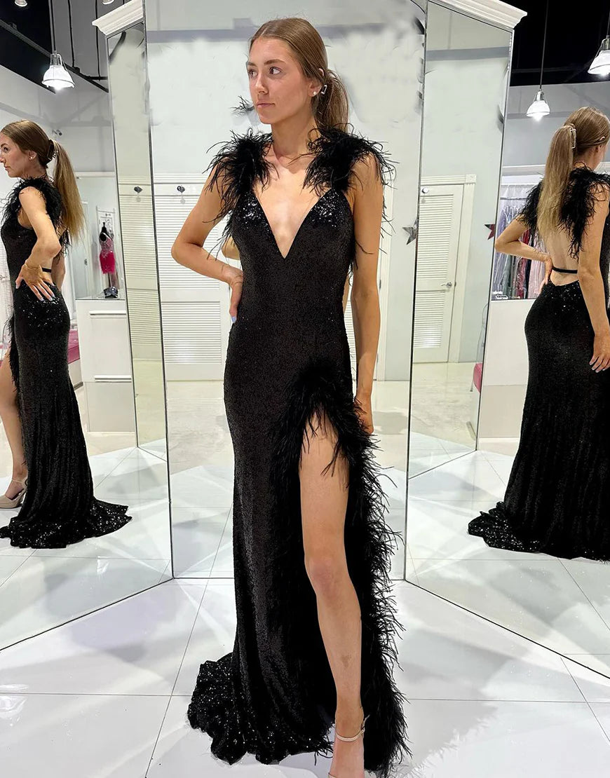 Mermaid Sequin V-Neck Long Prom Dress with Feathers