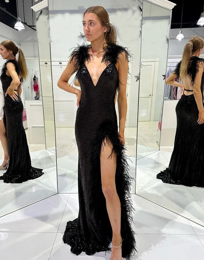 Mermaid Sequin V-Neck Long Prom Dress with Feathers
