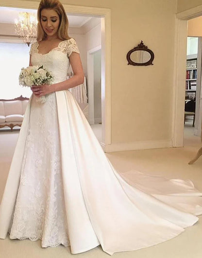 Short Sleeves A Line Chapel Train Long Bridal Dress