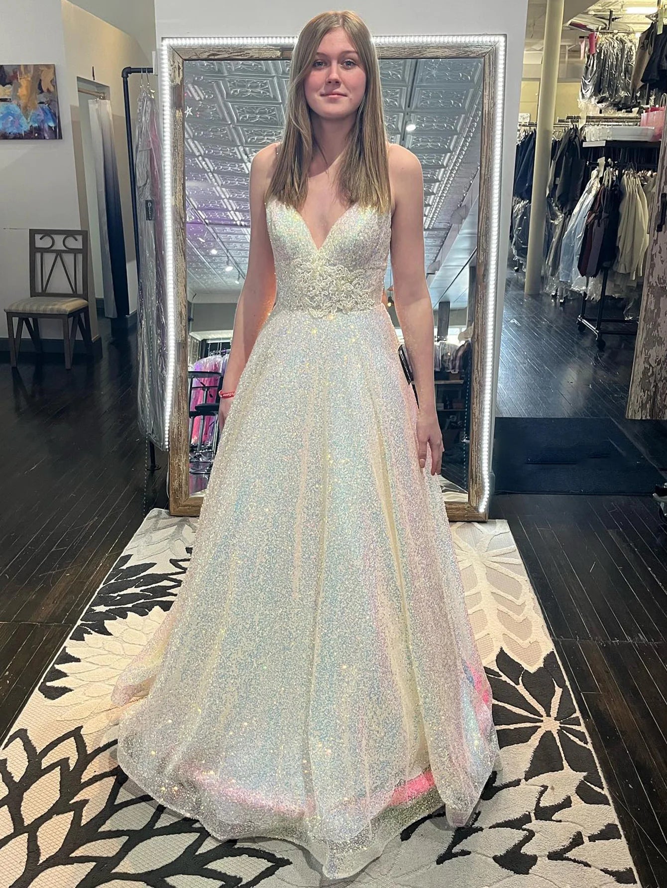 A Line Sparkly Spaghetti Straps Long Prom Dress