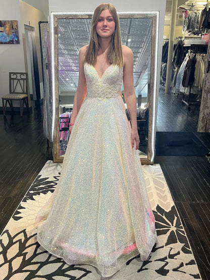 A Line Sparkly Spaghetti Straps Long Prom Dress