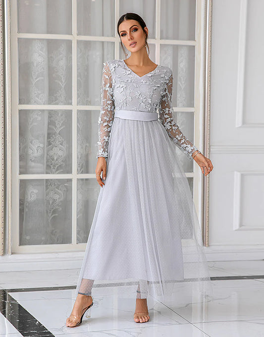 Grey Tulle V-neck Long Sleeve Tulle Lace Formal Mother Dress