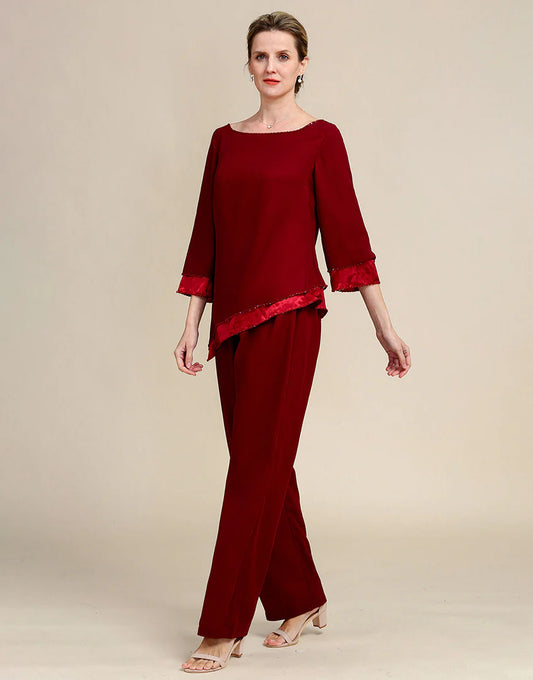 Burgundy Long Sleeves 2 Piece Mother of the Bride Pant Suits