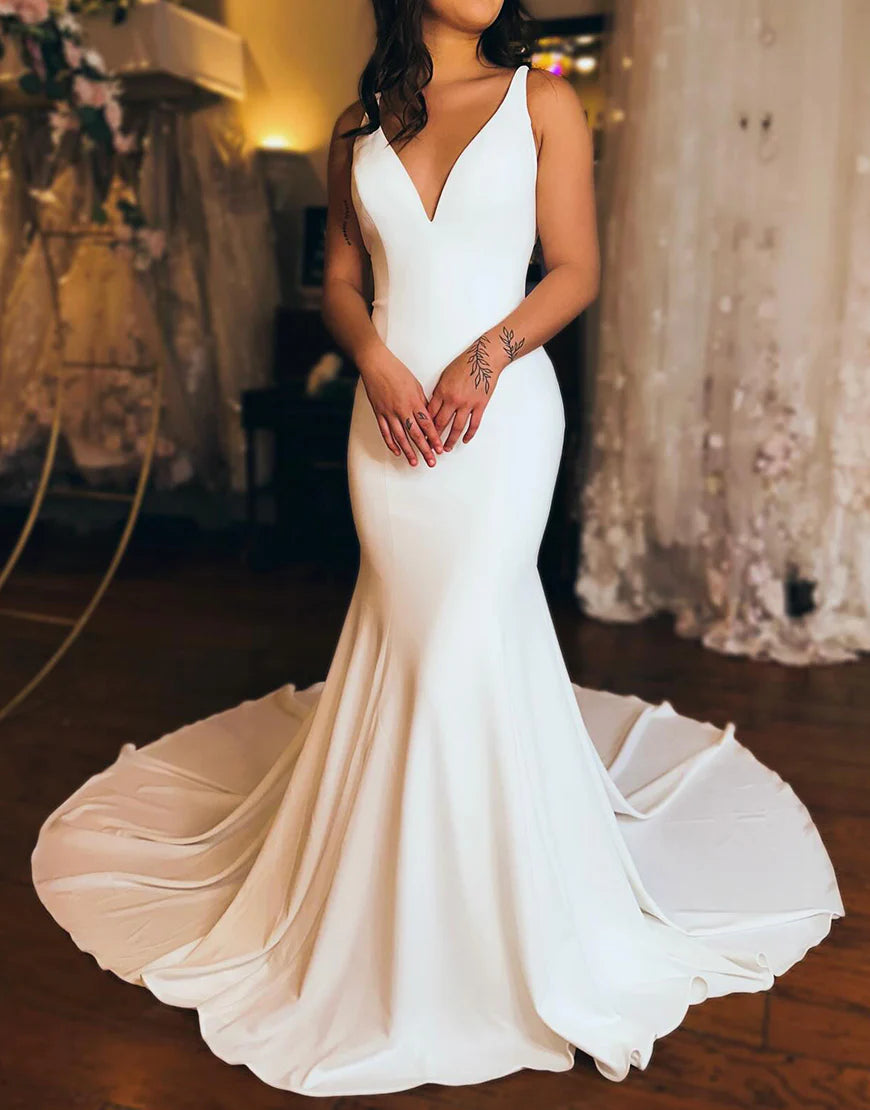 Mermaid Simple V Neck Satin Wedding Dress