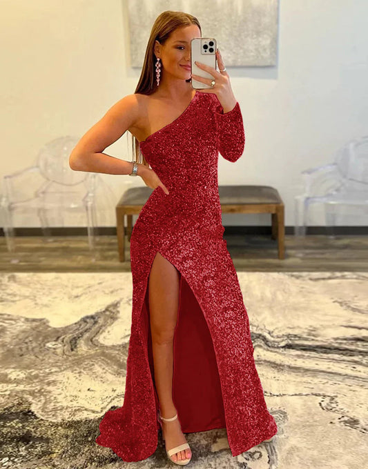 One Shoulder Sequined Prom Dress With Slit