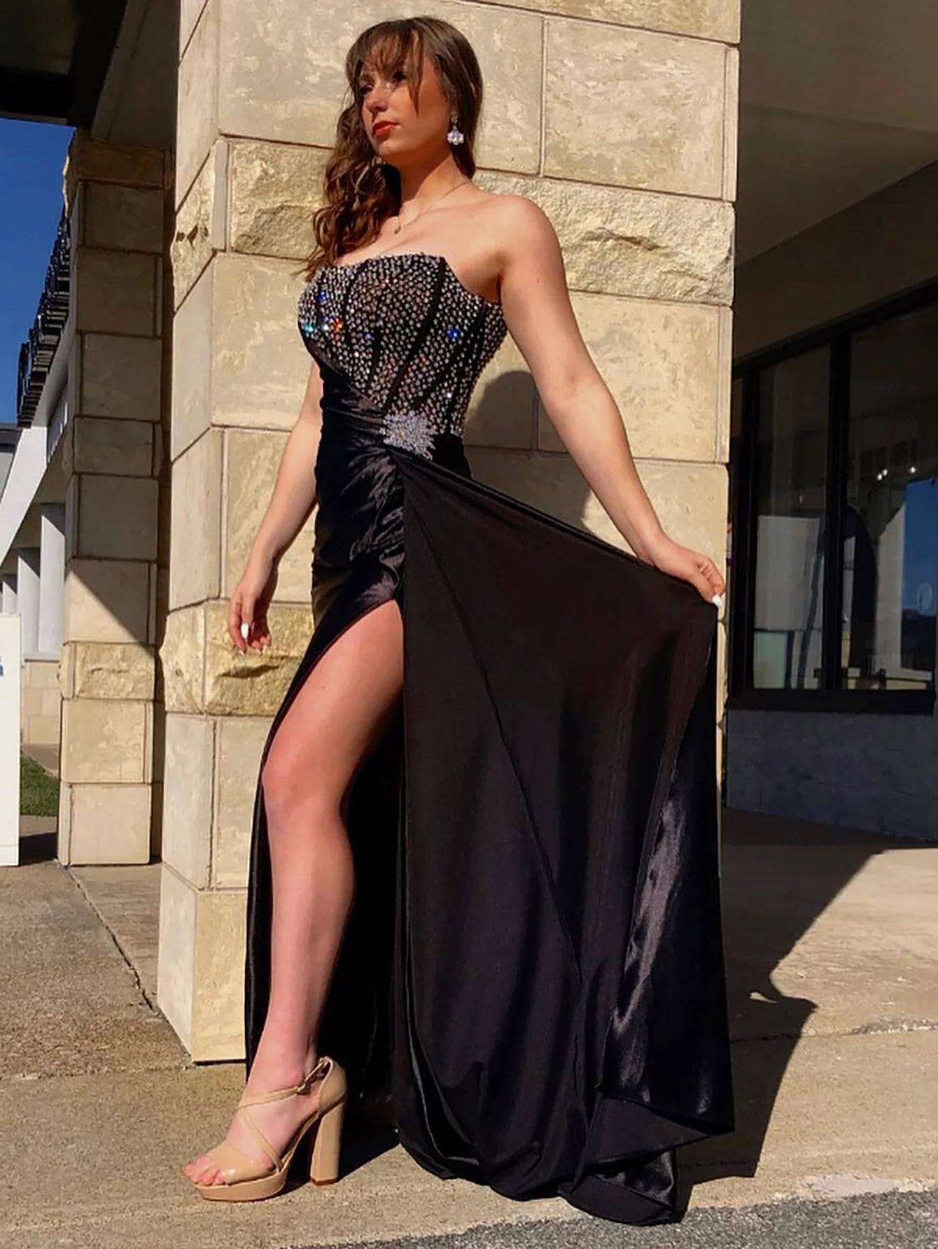A Line Strapless Off-the-Shoulder Beaded Split Fork Prom Dress