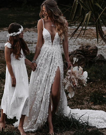 Lace Beach Wedding Dress with Split